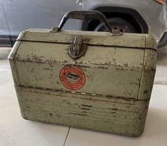VINTAGE SIMONSEN TACKLE BOX, TOOL BOX, USED ORIGINAL
