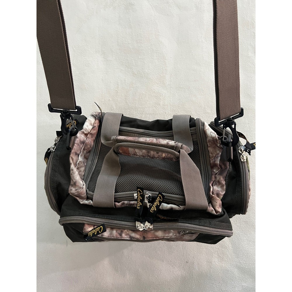Cabelas Fishing Tackle Bag Camo Black Canvas Shoulder Strap Multi Pocket Storage