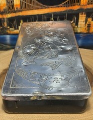 Vintage Metal Tin (8) Slot Fishing Tackle Box, w/ Fish Logos….. 10.5”x4.5”x1.5”