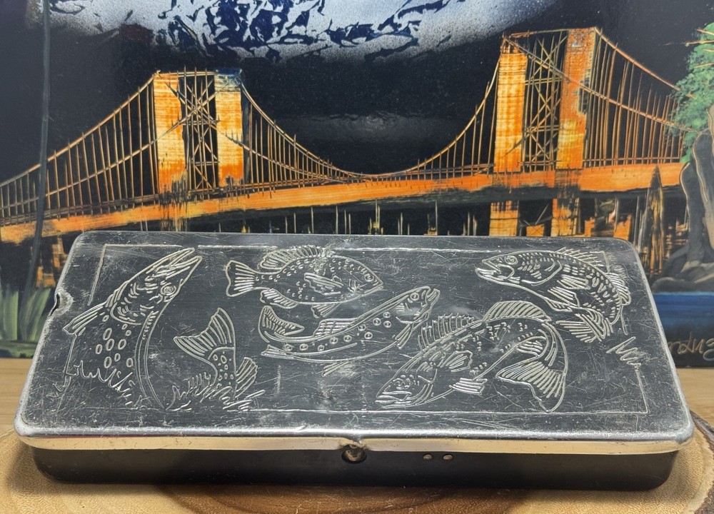 Vintage Metal Tin (8) Slot Fishing Tackle Box, w/ Fish Logos….. 10.5”x4.5”x1.5”