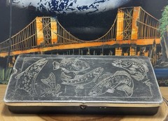 Vintage Metal Tin (8) Slot Fishing Tackle Box, w/ Fish Logos….. 10.5”x4.5”x1.5”