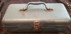 Vintage Blue Metal My Buddy 242 Fishing Tackle Box, Approximately 13.5×5.5×4.5