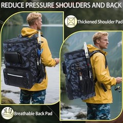 Fishing Backpack with Rod Holder, Large 50L Camo Black with 4 Tackle Boxes
