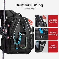 Fishing Backpack, Rod Holders, Lightweight Sling Bag, Black