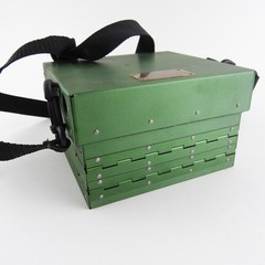 Green Anodized 3-Tier Fly Fishing Chest Box. Labeled “A Bar A Ranch”.