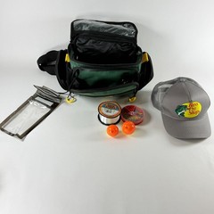 Bass Pro Shops Fishing Tackle Bag w/Gray Hat Bobbers Weights Monofilament Line
