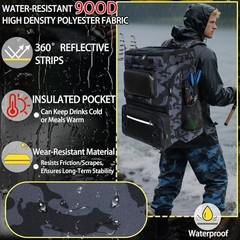 Fishing Backpack with Rod Holder, Large 50L Camo Black with 4 Tackle Boxes