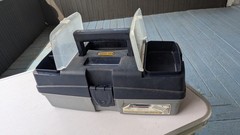 One Light Keyer Bait Box Tray Tackle Box Gray W/ Lures And More. Flip Top
