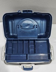 Vintage Plano model 6102- 2 Tray Tackle Box Blue/White W/ Large Mouth Bass NICE!