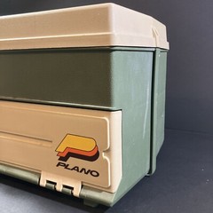 Vintage Plano 707 Tackle Box Tan/Green Gear Outdoors Handle 2 Drawer Storage USA