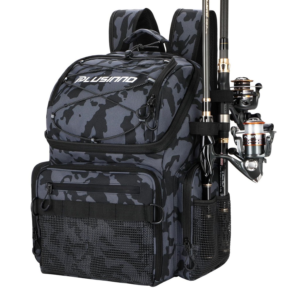 PLUSINNO Fishing Backpack with Rod Holders & Cooler, 45L Medium, Black Camo