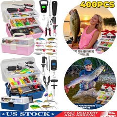 400PC Large 3Layer Tackle Box Fishing Lures Accessories Kit Fish Gear Tools Set
