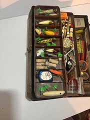 TIME CAPSULE Vintage Metal Fishing Tackle Box With Vintage Tackle WOODEN LURE