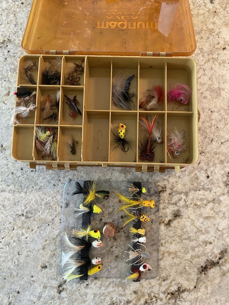 Tackle Box with Fly Fishing Lures. Box Has 1 Broken Latch.