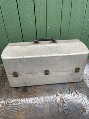 VTG My Buddy Aluminum Fishing Tackle Box 4 Tray Cantilever Tombstone W Tackle