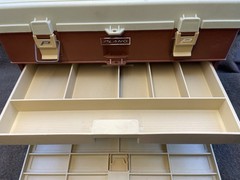 Vintage Plano 757 Tackle Box Fishing Storage Brown/Tan Made In USA 4 Drawers