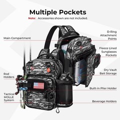 Piscifun Fishing Tackle Backpack, 3-Way Carry with Rod Holders, Black Camo
