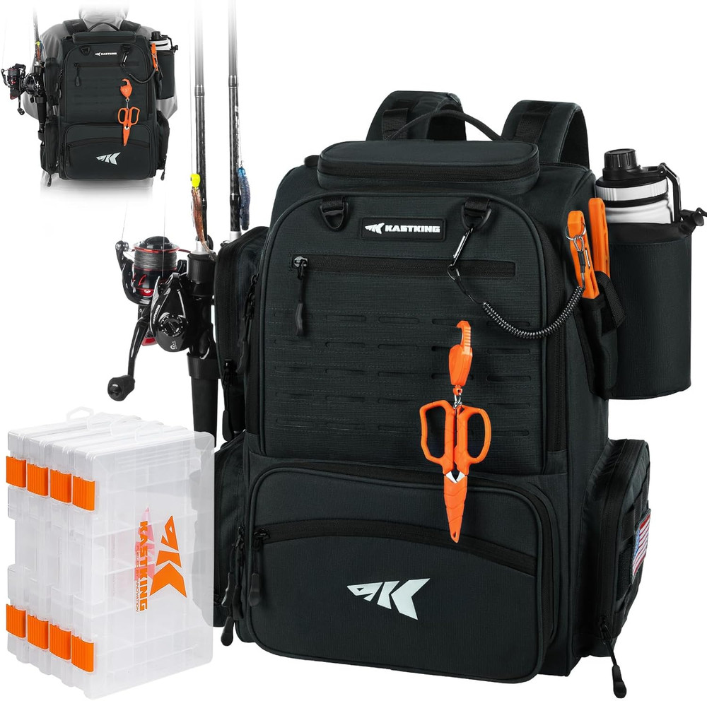 Bait Boss Fishing Tackle Backpack with Rod Holders-4 Tackle Boxes-Rain Cover,Sto