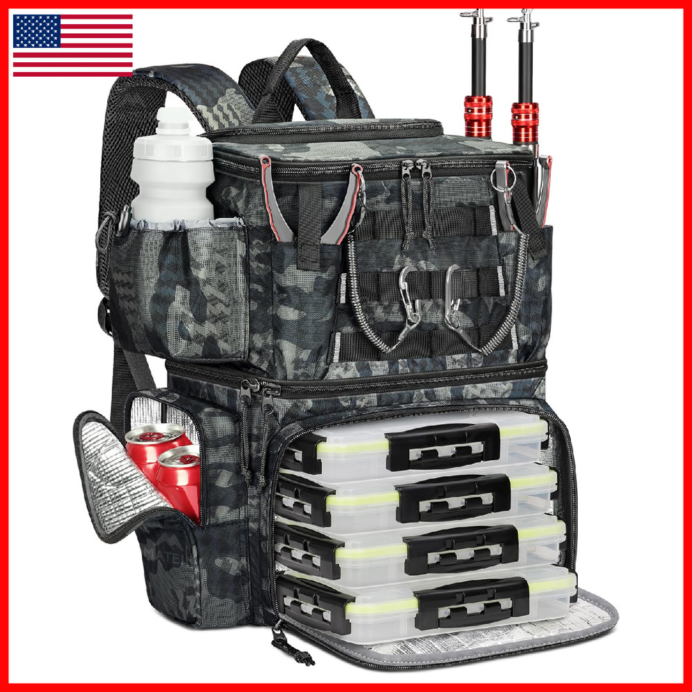 Matein Fishing Backpack 4 Tackle Rod Holder Tackle Backpack Safety Compartment