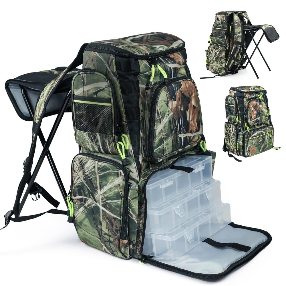 Fishing Backpack Tackle Box Bag With Rod Holder Boxes 60l Foldable Fishing Chair