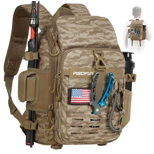 Fishing Tackle Backpack with Rod & Gear Holder, Standard Khaki Camouflage