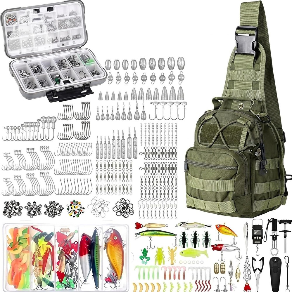 Fishing Tackle Backpack 482pc Sling Bag Storage Military Green
