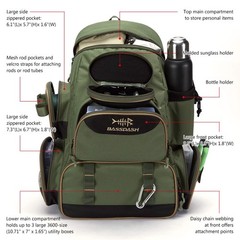 BASSDASH Water-Resistant Fishing Tackle Backpack | Rod Holder & Rain Cover