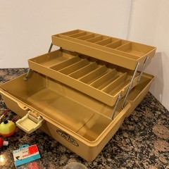 Vintage Old Pal Fishing Tackle Box Model 1050 Tan 2 Tray Plus Wooden Bobbers