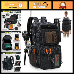 Large 45L Fishing Backpack with Rod Holders, Rain Cover & Water-Resistant Tackle