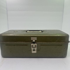 Vintage Green Metal Tackle Box With Latch Lock & Inner Compartment Tray