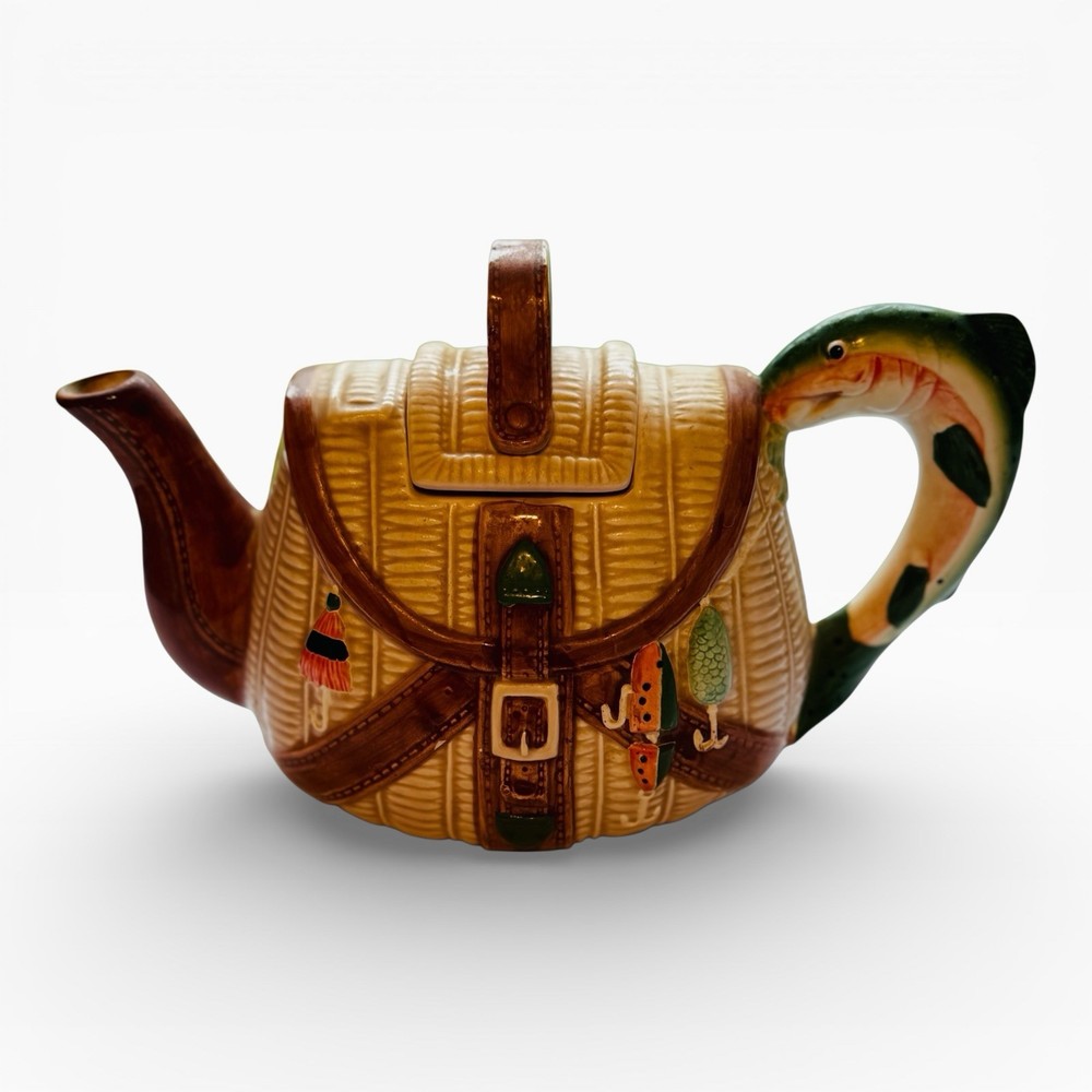 Fishing Basket Ceramic TeaPot, Tackle Bag 9.5in