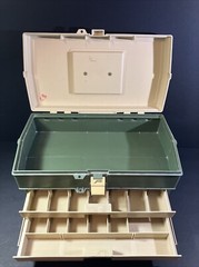 Vintage Plano 707 Tackle Box Tan/Green Gear Outdoors Handle 2 Drawer Storage USA