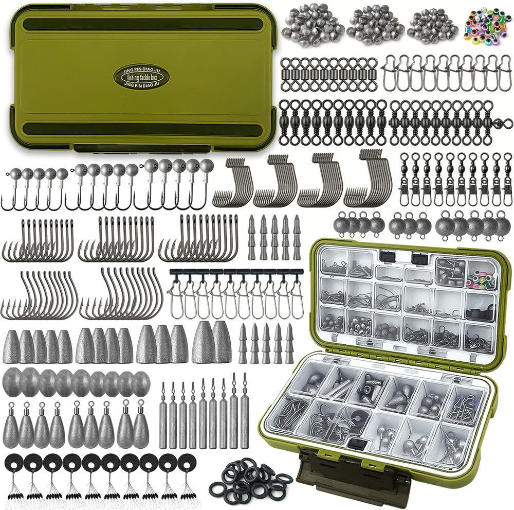 Fishing Accessories Kit, 264/423PCS Fishing Tackle Box with Hooks, Weights, Sink