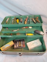 J.C.Higgins 2 Tray Tackle Box Full Of 15 Antique And Classic Lures
