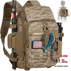 Fishing Tackle Backpack with Rod Khaki Camouflage Standard (14.2*7.1*10.6inch)