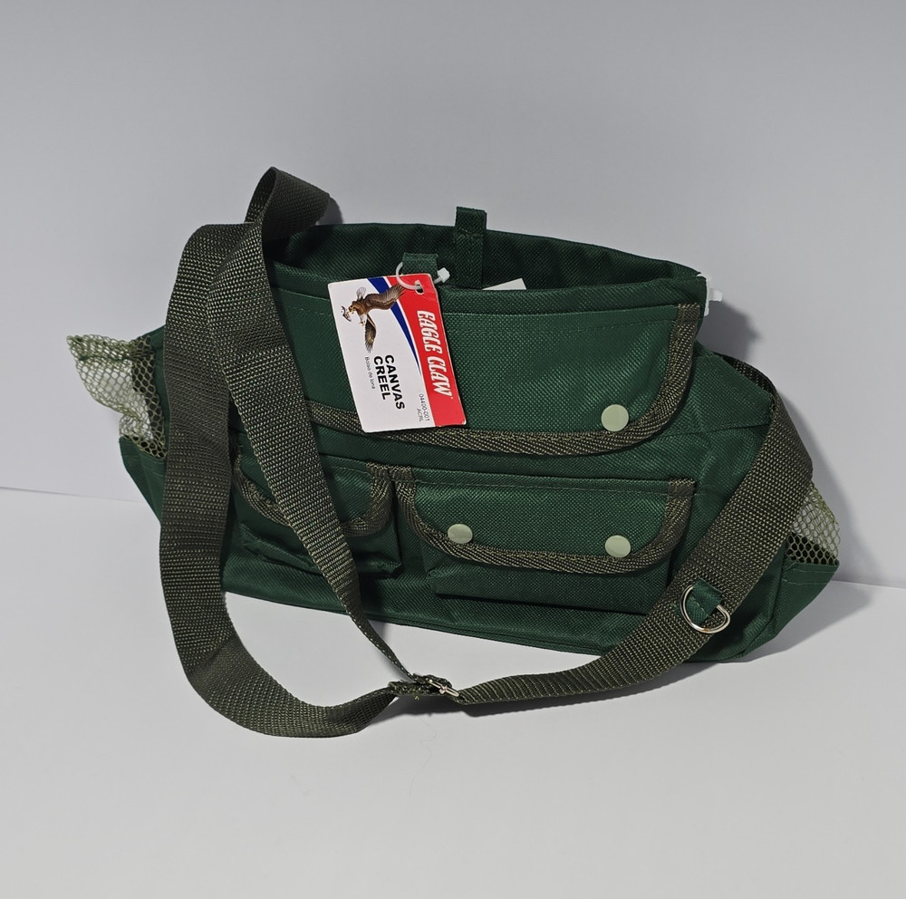 Eagle Claw Canvas Creel Green Fishing Bag Shoulder Strap, 3 Pockets