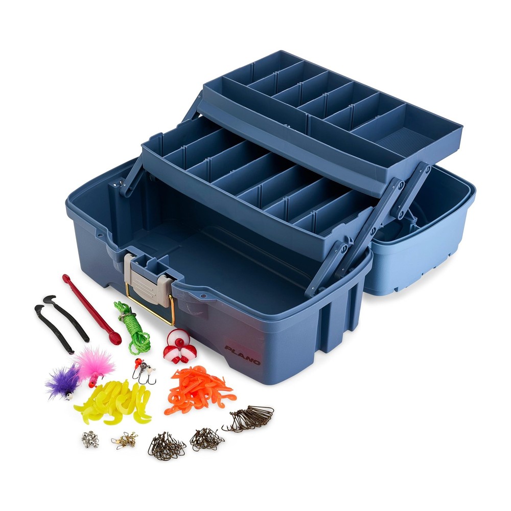 Plano Catch All Two-Tray Tackle Box Kit, Light Blue/Dark Blue, Rust-Proof Brass