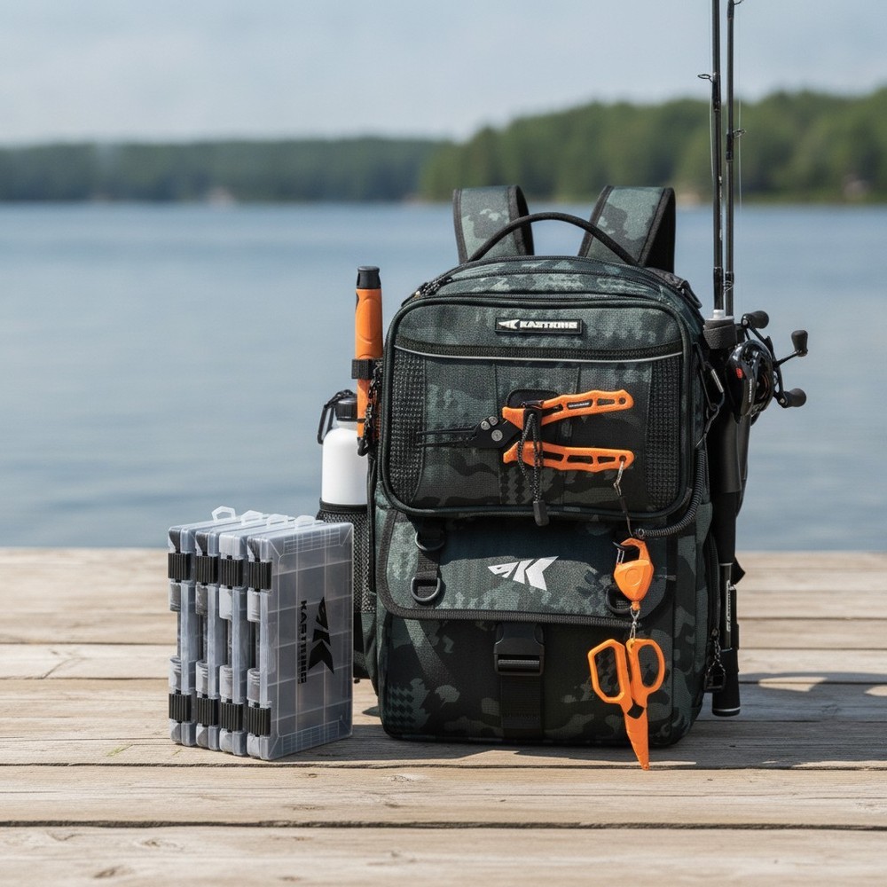 Versatile Fishing Gear Storage Backpack with Breathable Padding and Stylish Camo