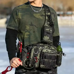 Large Fishing Tackle Bag Shoulder Waist Crossbody Rod Storage Bag Black Camo