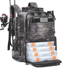 50L Tactical Camo Fishing Backpack: Cooler, Tackle Boxes, Rods, 900D Oxford