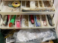 Sears – Tackle Box & Contents – Lures, Jigs, Baits, Hooks, Bobber.