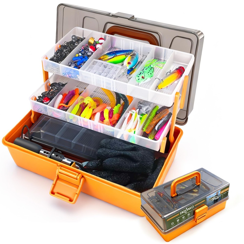 DIGOAKO Large 3-Layer Fishing Tackle Box with Tackle Included, All-in-One 417…