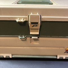 Vintage Plano 707 Tackle Box Tan/Green Gear Outdoors Handle 2 Drawer Storage USA