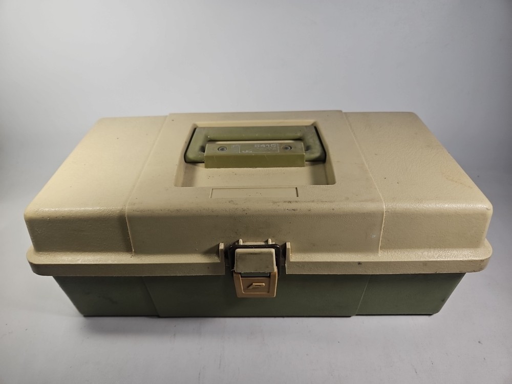 Vintage PLANO 5410 Tackle Box Green Tan Shelf 6 Bins USA With Tackle and Gear