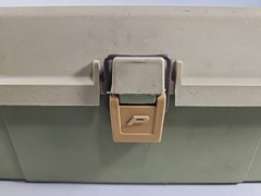 Vintage PLANO 5410 Tackle Box Green Tan Shelf 6 Bins USA With Tackle and Gear