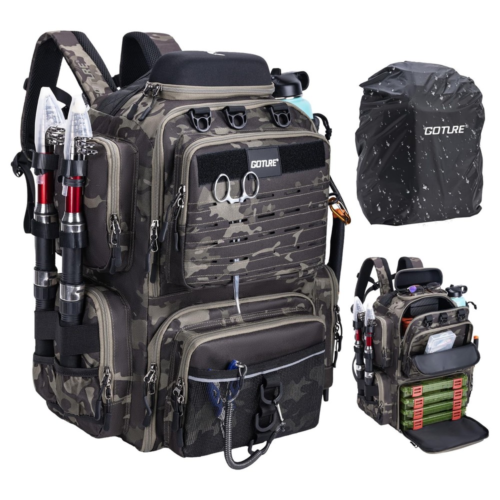 Fishing Backpack, 900D Water-Resistant Tackle Backpack with Rod Holders, Hard…