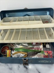 Vintage Old Pal Steel Tackle Box Muski-pike Fishing Line Bobbers Pamphlets More