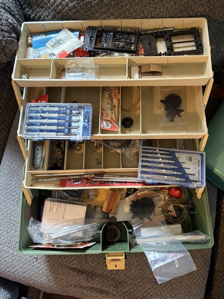 Model Radio Air Plane Parts and Tools in a VINTAGE Plano 6300 Tackle Box