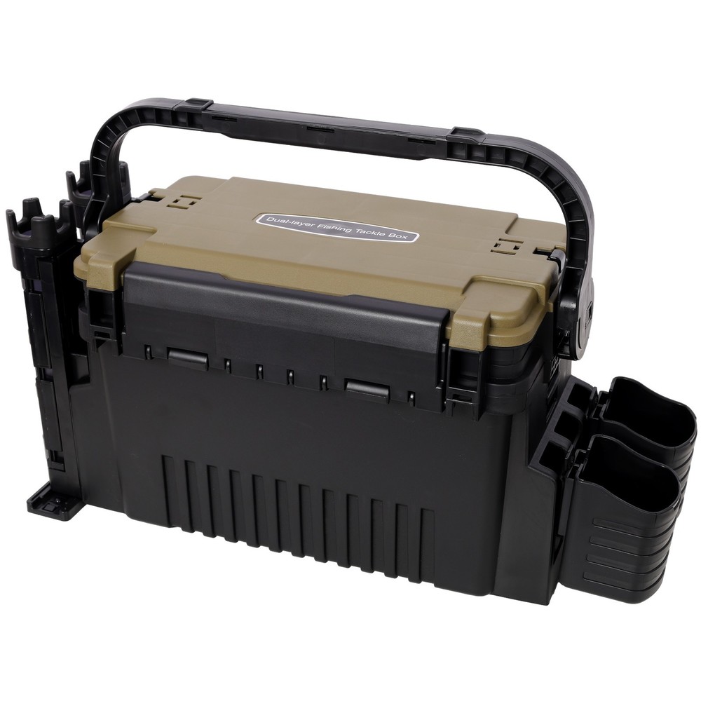 Dual Layer Tackle Box with Rod Cup Holders Army Green