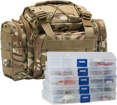 Heavy Duty Water-Resistant Fishing Tackle Bag Set with 60 Lures & Compartments